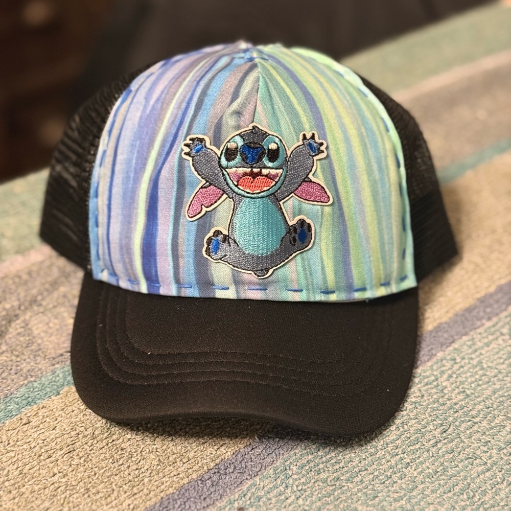 Striped Blue and Black Trucker Hat with Cartoon Patch
